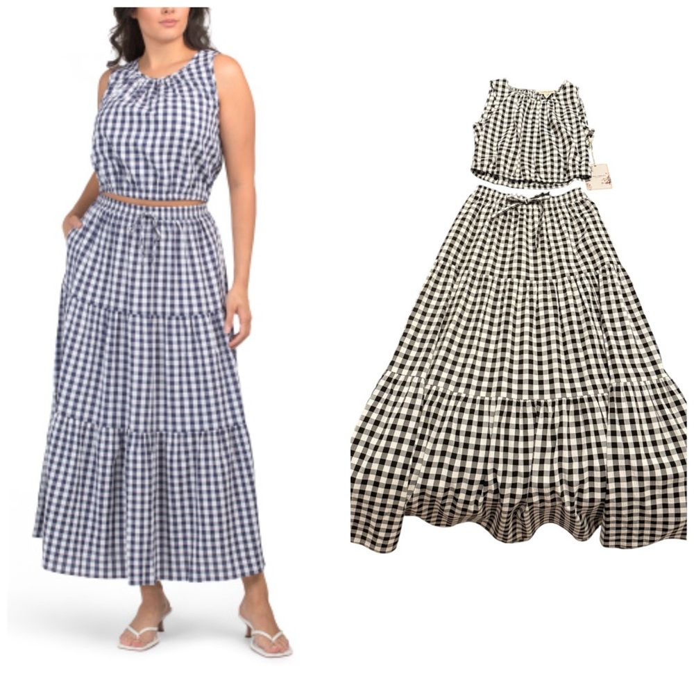 Laura Ashley 2 Piece Roman Black Gingham Check Skirt and Top Small NWT